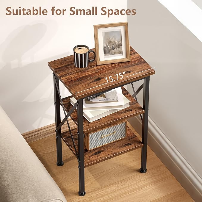 VECELO End Table Set of 2, Bedside Table, 24" Tall Living Room End Tables, X-Design Reinforced Nightstands, Side Table with 3-Tier Storage Shelves for Small Spaces, Office, Bedroom, Rustic Brown