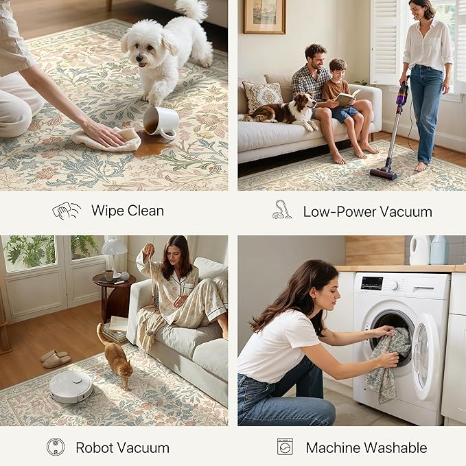 GENIMO Floral Washable Runner Rug 2’6”x8’, Non-Slip Long Hallway Carpet for Entryway, Kitchen, Indoor Floor Use, Vintage Boho Soft Thin Rug Décor, Beige Pink
