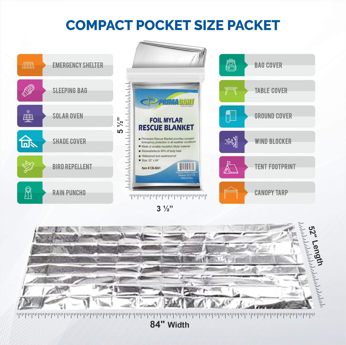 Primacare HB-10 Emergency Mylar Thermal Blankets – 10 Pack, 84" x 52", Silver – Reflective, Waterproof, Retains 90% Body Heat – for Survival, First Aid, Outdoors, Camping, EMS