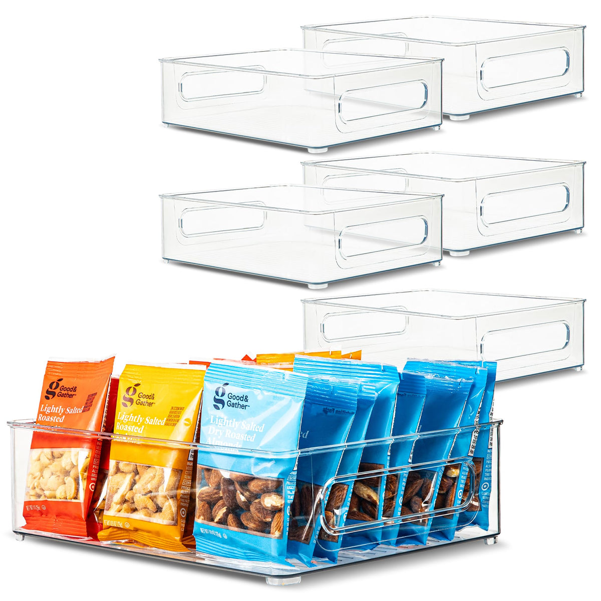 Plastic Food Storage 2 Pack Clear Container Bin with Handles for Organizing Kitchen, Pantry, Refrigerator, Freezer, Pantry, Cabinet, Closet, Bathroom. 16”x8”x5”