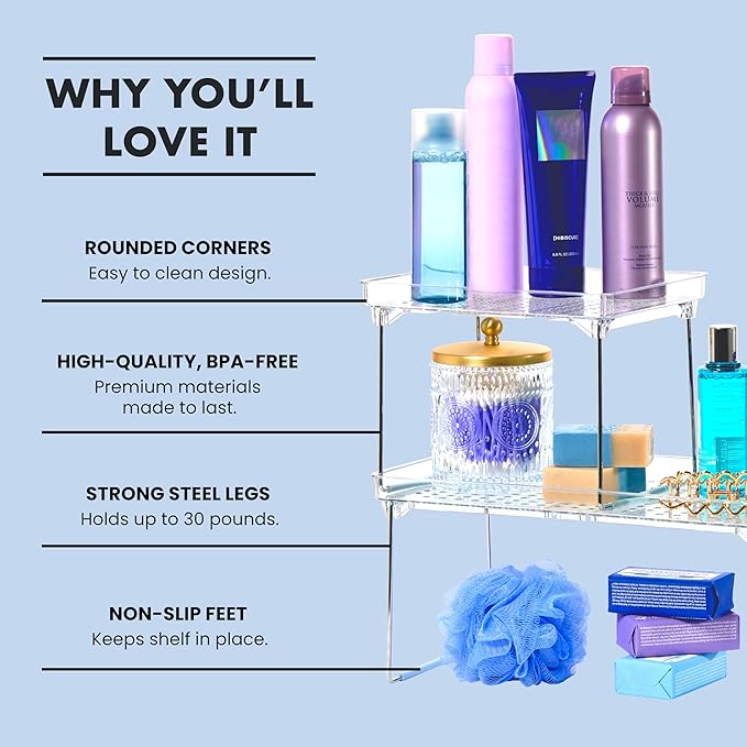 madesmart Stacking Shelf, Small, Vertical Storage with Airflow Holes, Organizer for Spices, Make-Up, Bottles & Jars, Blue