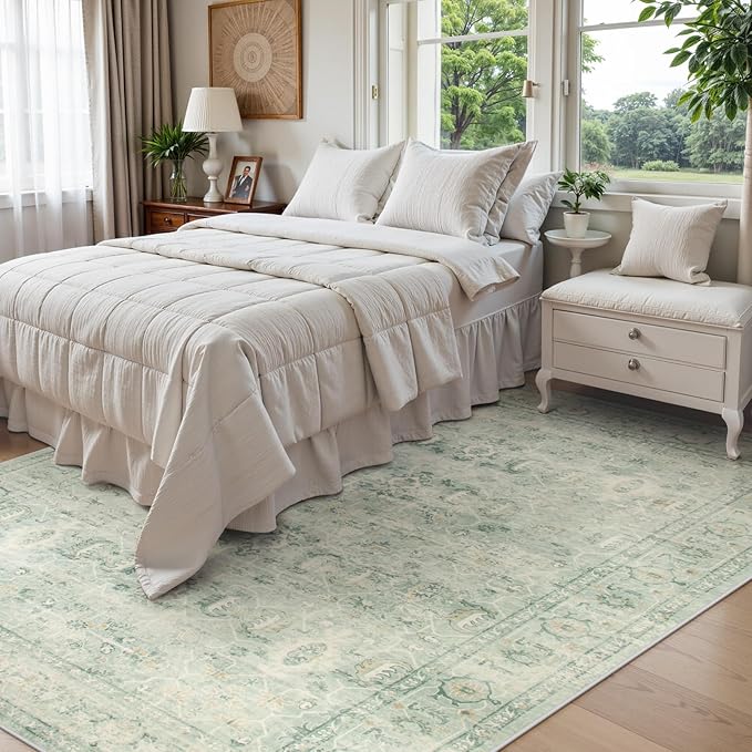 Lahome Vintage 6x9 Washable Green Rugs for Living Room Bedroom, Soft Dining Room Rugs for Under Table, Non Slip Indoor Throw Carpet for Entryway Kitchen Office (6x9ft,Light Green)