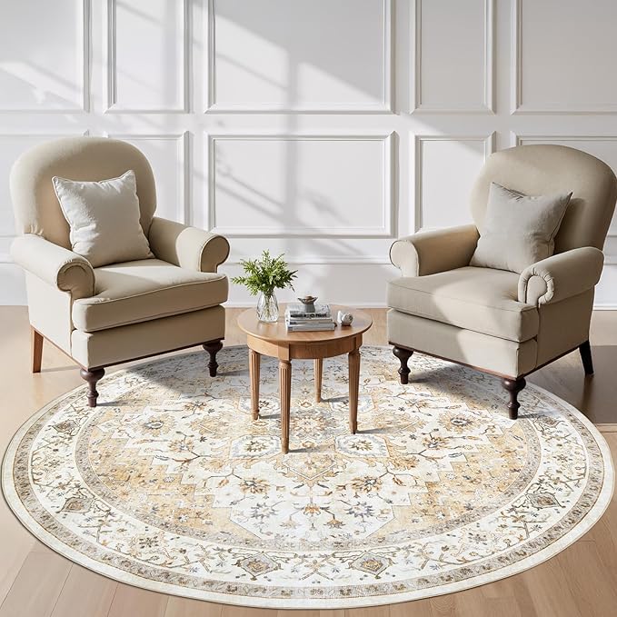AMADA HOMEFURNISHING 8ft Round Area Rug, Low-Profile Washable 8x8 Rugs with Non-Slip Backing & Durable Edge Binding, Vintage Rug for Kitchen, Bedroom & Hallway, Beige