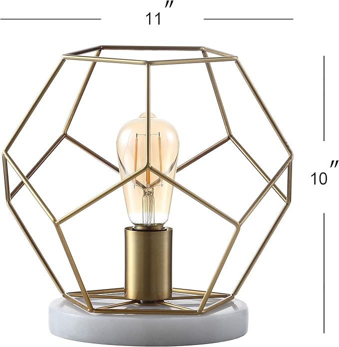 JONATHAN Y 10" Brass Gold Geometric Table Lamp, Midcentury Modern Metal Desk Lamp for Living Room Bedroom, White Marble Base, Glam Bedside Nightstand Light with LED Bulb JYL1047A