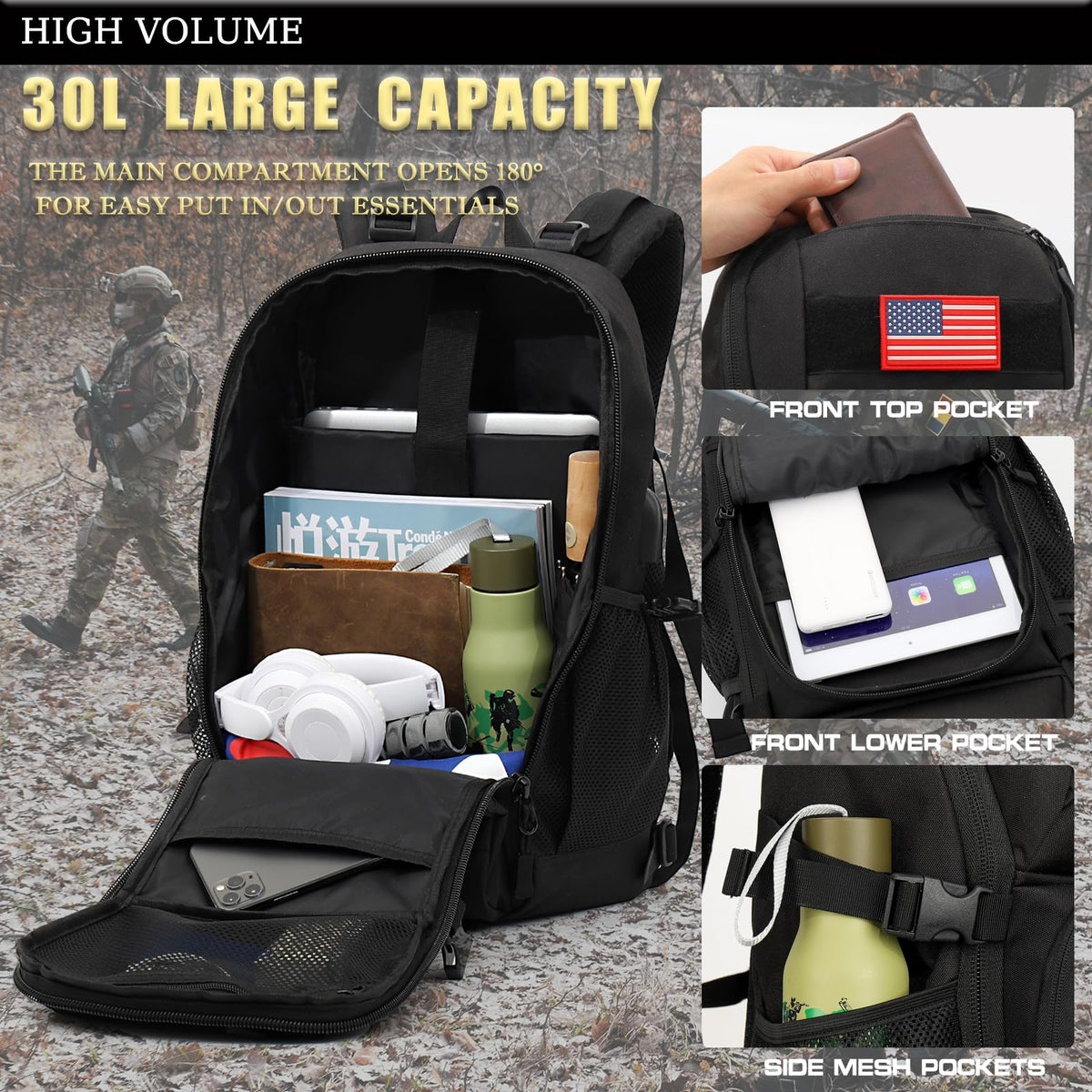 outdoor plus Camo Backpack, Military Boys, 30L