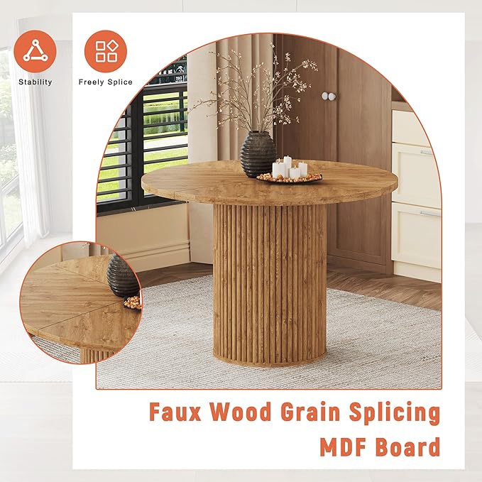 AZmac Round Dining Table Set for 6, Wooden Round Table 7-Piece with Modern Farmhouse Dining Table and 6 Suede Leather Chairs for Kitchen Dining Room, Wooden Table + 6 Brown Chairs