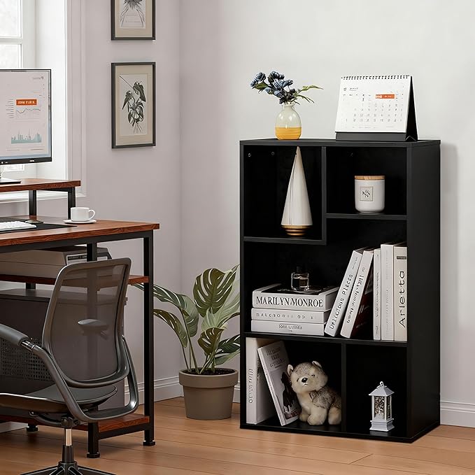 VECELO Modern Bookshelf, 5 Cube Shelf, Fits Tallest Hardcovers, Horizontal Available, Storage Organzier for Home Office, Black