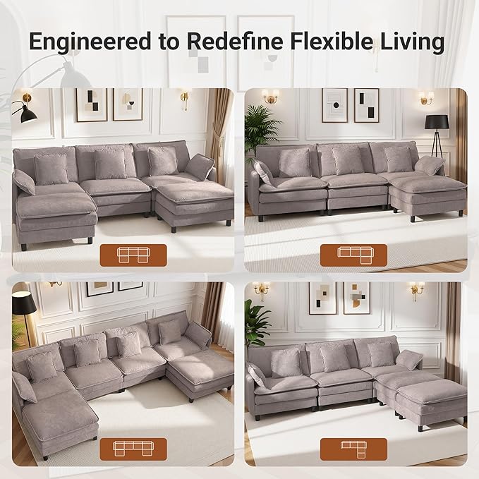 Claiks 148" Modular Sectional Sofa, Cloud Couch with Ottoman, U-Shaped 6-Seater Sofa in Chenille Fabric, Deep Seat Comfy Couch with Pillows for Living Room & Offices, Light Gray