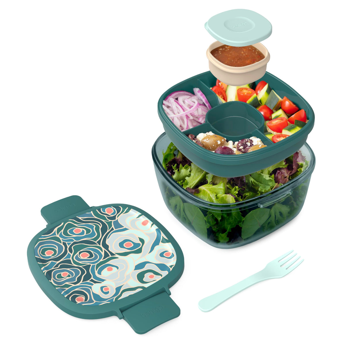 Bentgo Glass Salad Container with Airtight Lid & Leak-Proof Sauce Cup