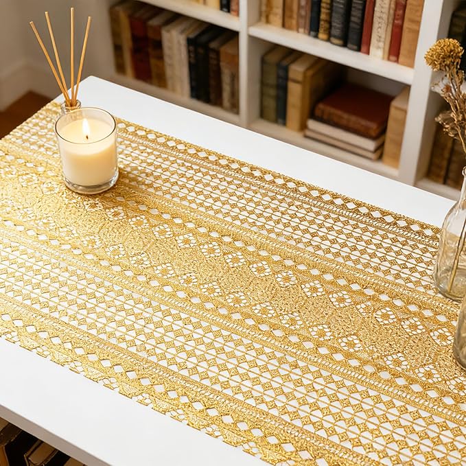 Drawer and Shelf Liner - Gold Geometric Lace Pattern,Non Adhesive Non Slip Waterproof Easy-Clean Shelf Liner for Kitchen Cabinet, Refrigerator, Bathroom, Pantry Storage Drawers, 17 in x 30 Ft