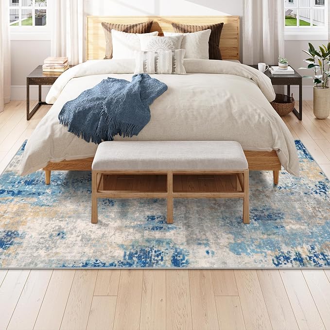 Lahome Modern Abstract 6x9 Area Rugs for Living Room, Washable Accent Bedroom Rug Low Pile Stain Resistant, Blue Soft Indoor Contemporary Carpet for Dining Room Table Apartment