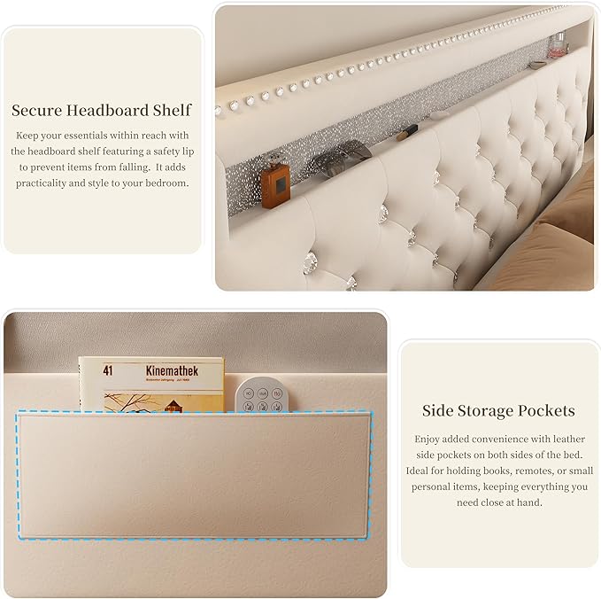 Full Led Bed Frame with 2 Drawers, Heavy Duty Sturdy Platform Bed Frames Full Size with Storage and Adjustable Crystal Button Tufted Headboard, Easy Assembly, No Box Spring Needed, Velvet Cream