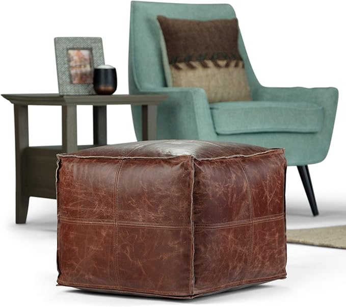 SIMPLIHOME Sheffield Square Pouf - 18 inch Wide Genuine Leather Ottoman in Brown, Boho-Style Footrest, Extra Seating, or Accent Piece for Living Room or Bedroom, Assembled
