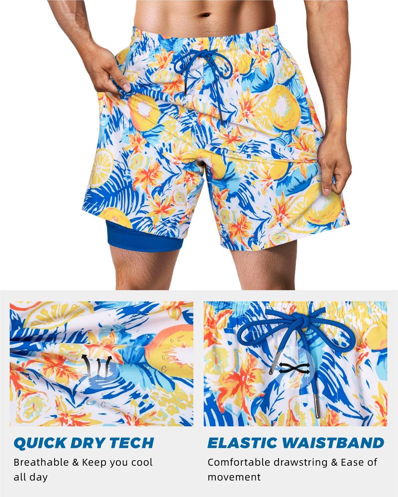 SURF CUZ Mens Swim Trunks with Compression Liner Quick Dry Swim Shorts 7" Swimming Trunks Stretch Zipper Pockets,Fresh Fruit,XXL