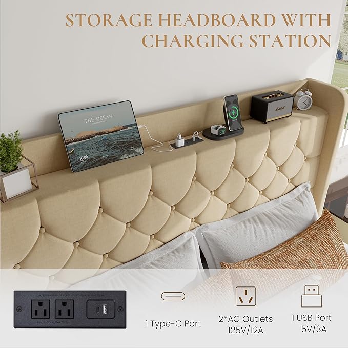 SHA CERLIN King Size Platform Bed Frame with Charging Station, Velvet Wingback Headboard with Storage Shelf, Wooden Slats Support, Ample Under-Bed Space, No Box Spring Needed, Easy Assembly, Beige