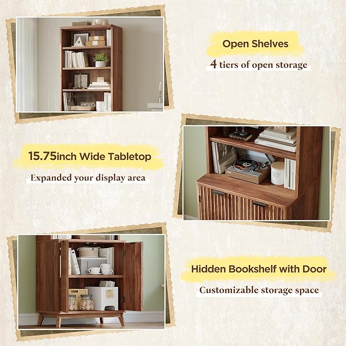 6-Tier Bookshelf, Modern Bookcase with Fluted Doors & Adjustable Shelves, Mid-Century Cabinet, Wooden Book Shelf for Home Office, Living Room, Kitchen, Walnut