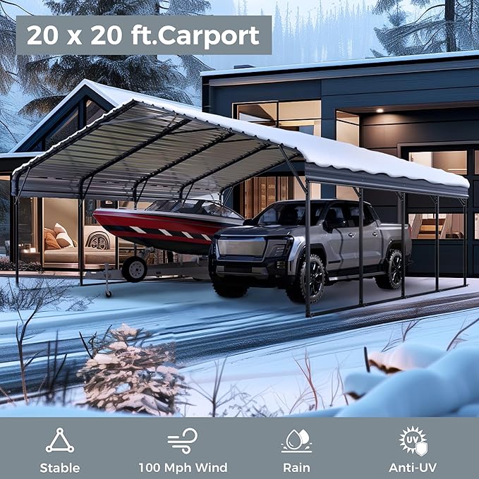 GREEN PARTY 20 x 20 ft Metal Carport Kits with Galvanized Steel Roof, Heavy Duty 2 Car Metal Carport Canopy, Outdoor Car Tent Metal Garage Shelter for Car, SUV, Truck and Boats, Gray