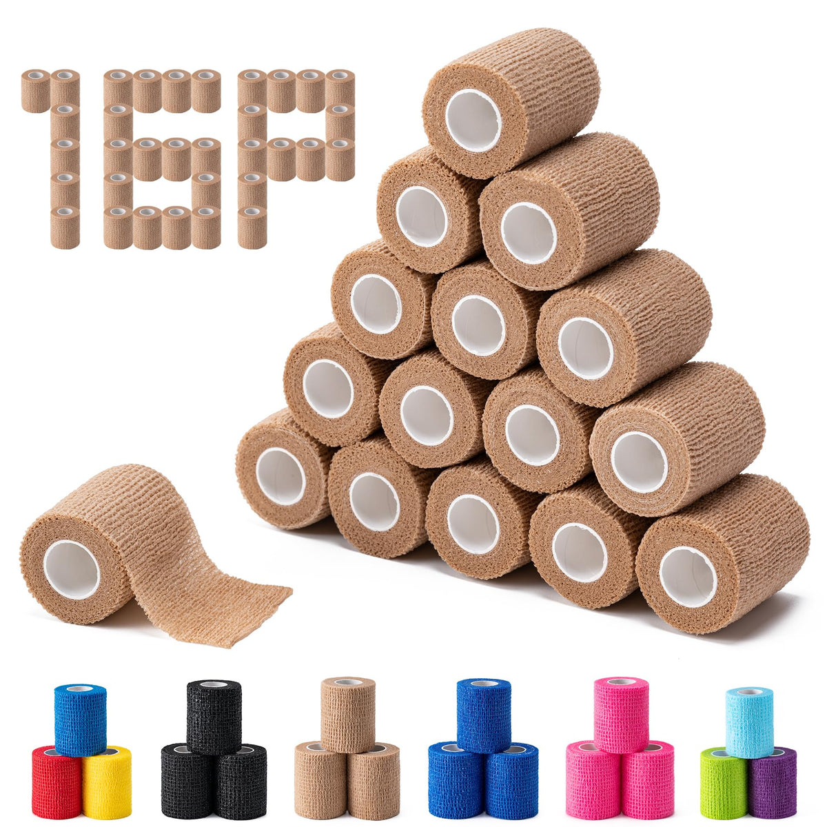16 Pack Self Adhesive Bandage Wraps, 2" X 5 Yards Elastic Bandage Wrap