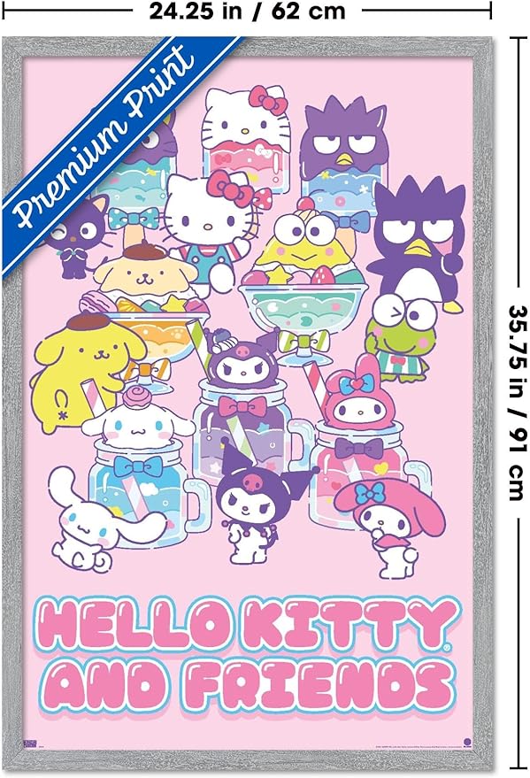 Trends International Hello Kitty and Friends: 24 Summer Fresh - Group Wall Poster, 34L x 22.4W, Gray Framed Version
