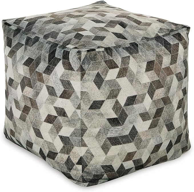 Signature Design by Ashley Albermarle Casual Geometric Patterned Pouf 18 x 18 Inches, Gray & Dark Brown