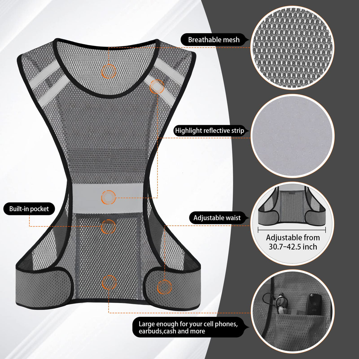 TCCFCCT Reflective Running Vest with Large Pocket, High Visibility Vest for Men Women, Lightweight Running Gear for Motorcycling, Cycling, Jogging, Night Walking, Climbing, Grey
