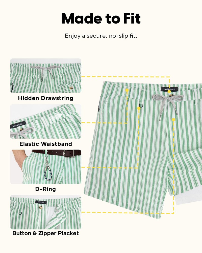 maamgic Mens Casual 5.5"/7" Seersucker Shorts with Compression Liner, Green White Stripe Summer Beach Vacation Shorts