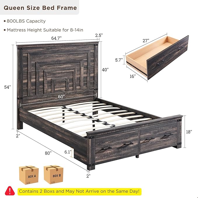 RedLemon Farmhouse Queen Size Bed Frame w/ 54" Tall Geometric Headboard, Rustic Wood Platform Bed w/ 2 Large Storage Drawers, Wood Slats Support, Noise Free, No Box Spring Needed, Dark Rustic Oak