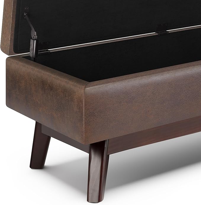 SIMPLIHOME Owen Rectangular Storage Ottoman - 48 inch Wide Upholstered Vegan Leather Lift-Top Ottoman in Distressed Chestnut Brown, Mid-Century Modern Ottoman for Living Room with Tufted Detail