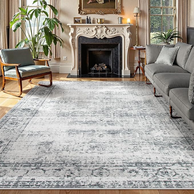 Lahome Vintage 8x10 Washable Grey Rugs for Living Room Bedroom, Boho Dining Room Rugs for Under Table, Soft Non Slip Indoor Throw Carpet for Home Office Playroom (8x10ft,Grey)