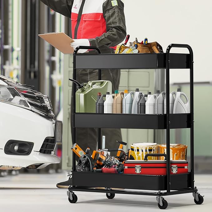 Simple Houseware 26" Extra-Wide 3-Tier Heavy Duty Service Cart, High-Capacity Metal Rolling Organizer for Spa, Salon, Office, and Home Storage, Black