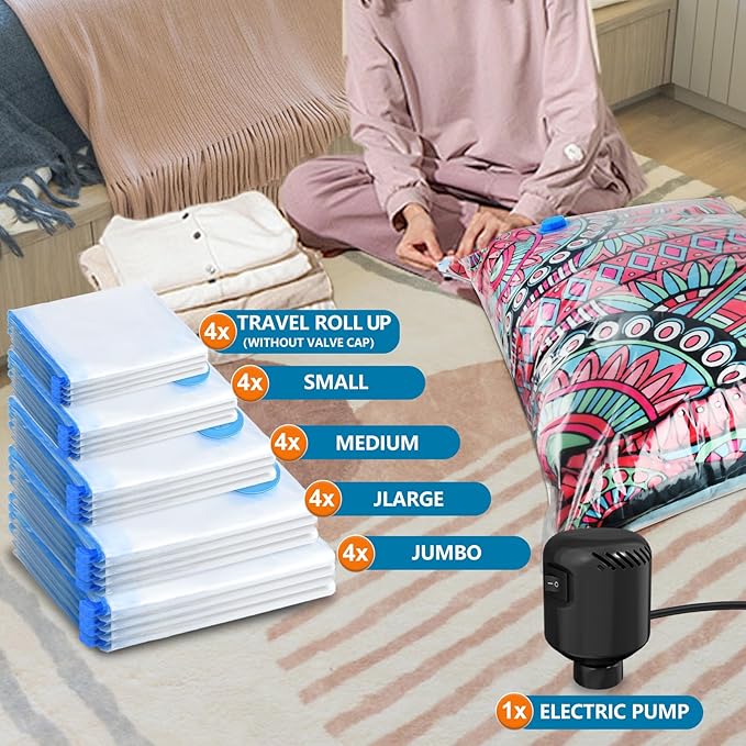 kissleaf 20 Pack Vacuum Seal Bags for Clothing with Electric Air Pump, Space Saver Vacuum Storage Bag for Clothes, Mattress, Blanket, Duvets, Pillows(4 Jumbo/4 Large/4 Medium/4 Small/4 Roll Up Bags)