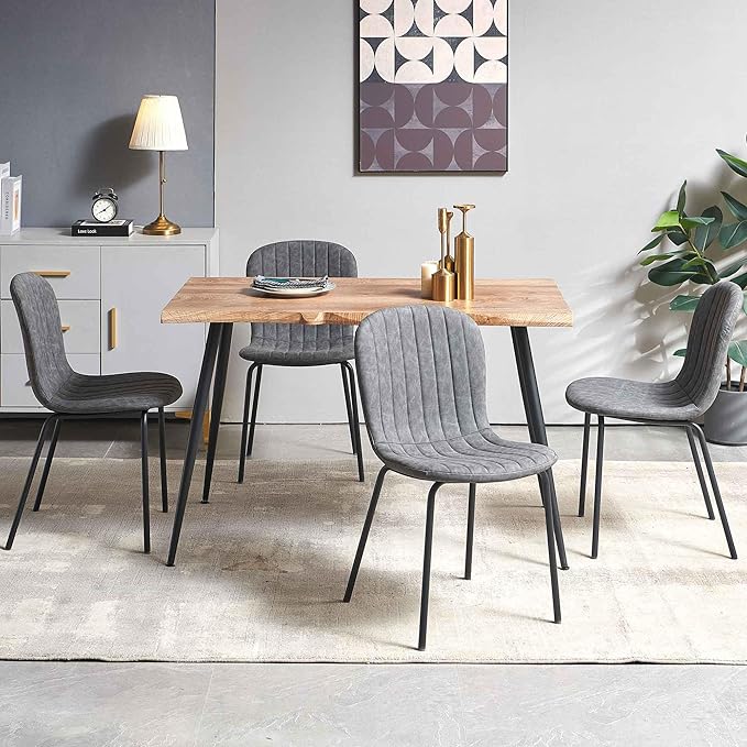 5 Pieces Dining Table Set-Home Kitchen Dining Room Table Set, Solid MDF Dining Table with Irregular Tabletop, 4 PCS Vintage PU Dining Chairs Dark Grey Accent Chairs