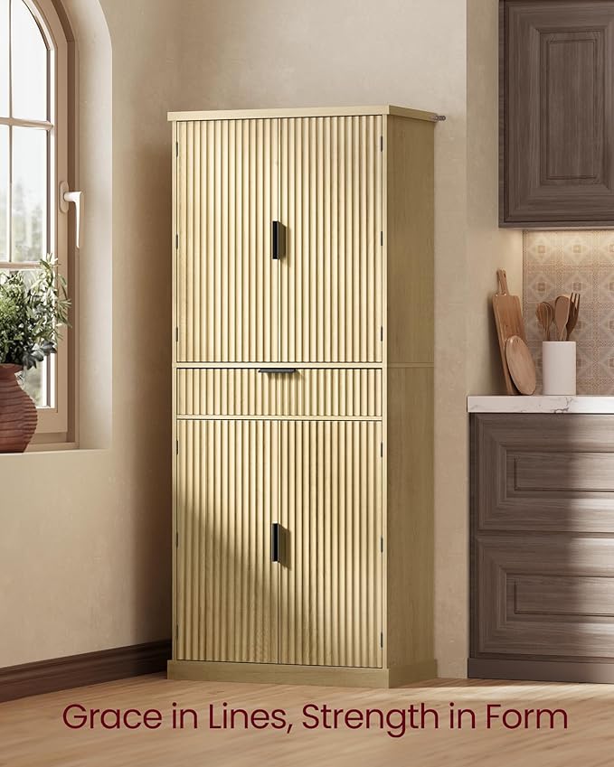VASAGLE MAXE Collection - Pantry Cabinet, 70.6-Inch Tall Storage Cabinet with Drawer, 6 Adjustable Shelves, 2 Cabinets, Fluted Doors, Mid Century Modern, for Kitchen Living Room, Oak Beige UBBK365Y01