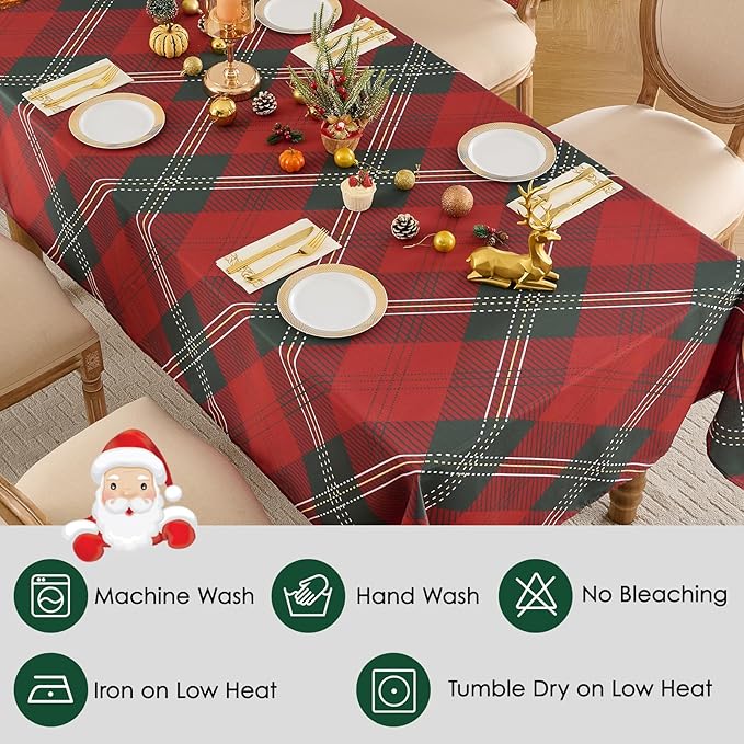 Christmas Tablecloth Rectangular 60x102 Inch Waterproof Table Cloth for 6ft, Washable Polyester Table Cover for Xmas Party, Winter Holiday Home Decoration in Festive Checkered Green 1pack