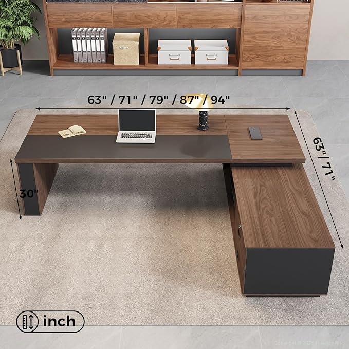 L-Shaped Executive Desk with LED Lights, Lockable Storage & 3-in-1 Charging Station, Reversible Cabinet, Modern Wood Office Desk for CEO, Manager & Home Office(Red Walnut+Black, 79"L*63"W*30"H)