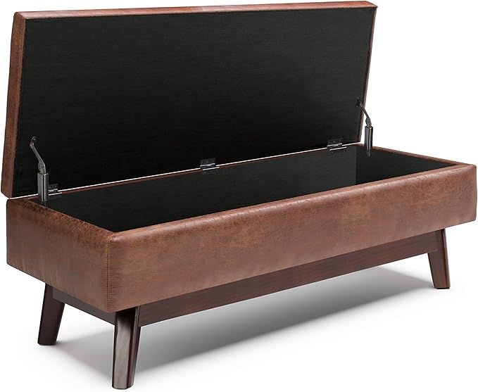 SIMPLIHOME Owen Rectangular Storage Ottoman - 48 inch Wide Upholstered Vegan Leather Lift-Top Ottoman in Distressed Saddle Brown, Mid-Century Modern Ottoman for Living Room with Tufted Detail