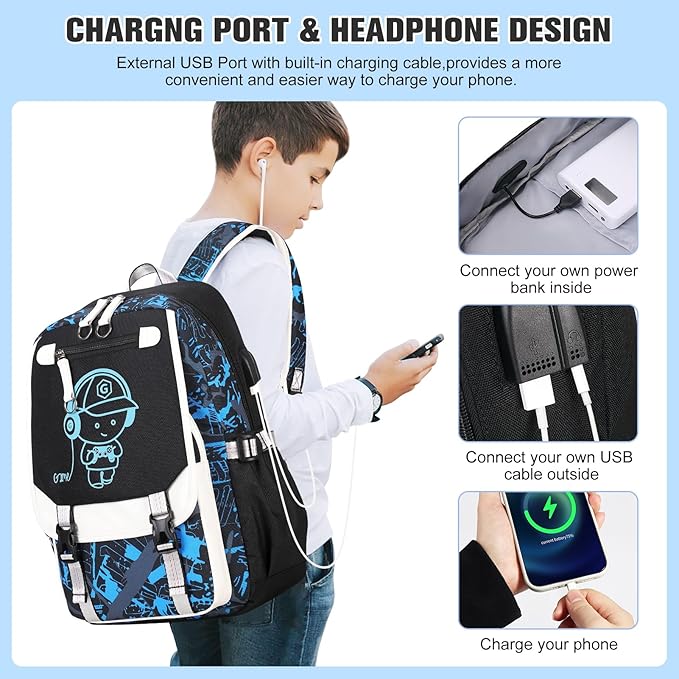 Bevalsa Backpack for Boys, Cool Luminous Backpacks with Lunch Box & Pen Case, School Bags for Kids, Bookbag for Children Teens for Elementary Middle School Student with USB Charging Port (Music)