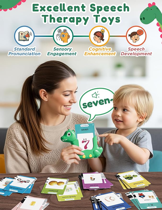 Talking Flash Cards for Toddlers with 510 Sight Words, Dinosaur Shaped Pocket Speech English Learning Toys Easter Gifts for Kids, Educational & Autism Toys for Speech Therapy