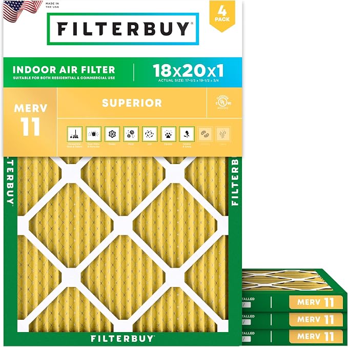 Filterbuy 18x20x1 Air Filter MERV 11 Superior Pet & Allergy Defense,