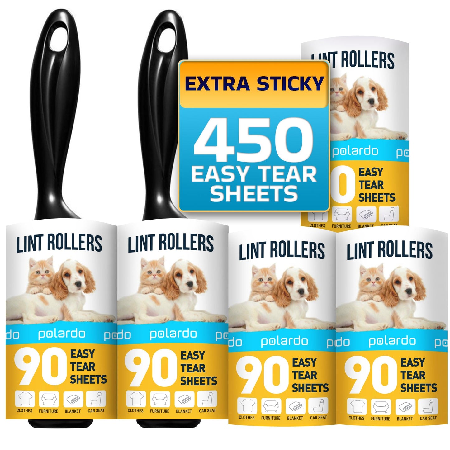 Lint Rollers for Pet Hair, Sticky, Remover for Couch, Clothes Furniture and Carpet. Dog Hair Remover Cat Hair, Animal Fur, Fuzz. 5 Large Lint Rollers