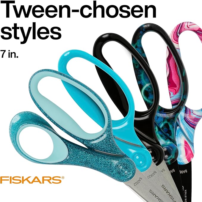 Fiskars 7" Student Scissors for Kids Ages 12-14, Scissors for School or Crafting, Back to School Supplies, Black