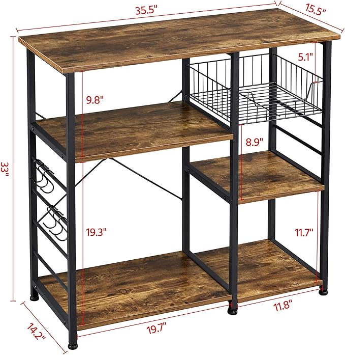 Yaheetech 4-Tier Kitchen Baker's Rack, Coffee Bar Microwave Stand Cart with Wire Basket & 6 Side Hooks, Kitchen Organizer Shelf for Spices/Utensils Foods, Rustic Brown