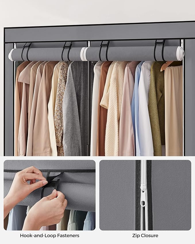 SONGMICS Closet Wardrobe, Portable Closet for Bedroom, Clothes Rail with Non-Woven Fabric Cover, Clothes Storage Organizer, 55.1 x 16.9 x 68.5 Inches, Gray URYG02GY