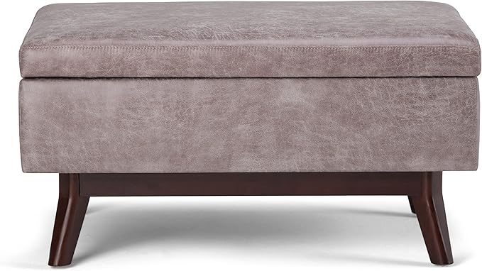 SIMPLIHOME Owen Coffee Table Storage Ottoman - 34 inch Wide Upholstered Vegan Leather Rectangular Lift-Top Ottoman in Distressed Grey Taupe, Mid-Century Modern Bench for Living Room with Tapered Legs
