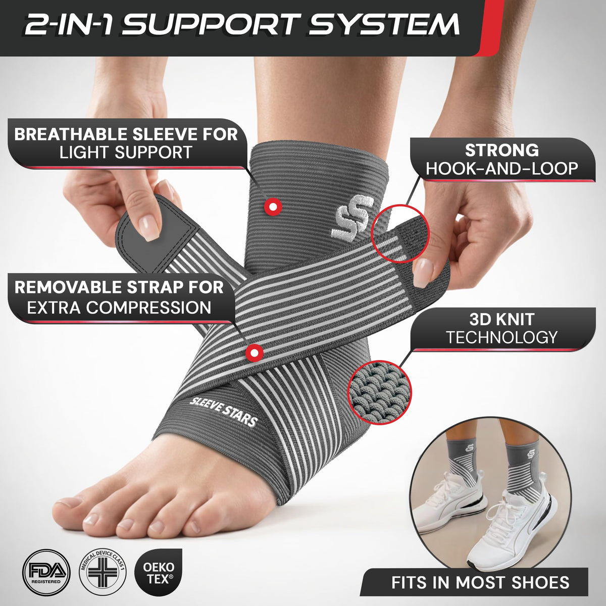 Sleeve Stars Ankle Brace for Women & Men, Ankle Wrap for Sprained Ankle, Compression Sleeve for Plantar Fasciitis Relief, Easy Customizable Support: w/Removable Strap (Single/S:9"-10"/Gray)