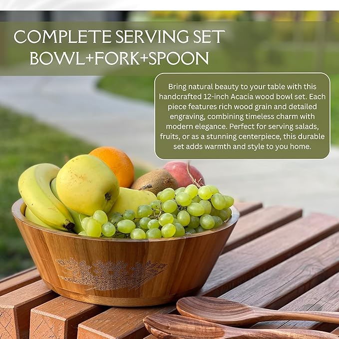 Large Wooden Salad Bowl Set, Eco-friendly Wooden Bowl, Handcrafted Acacia Wood Salad Bowl for Kitchen & Dining