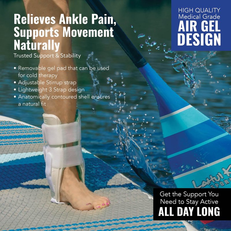 Braceapedia AnklePro Air Cushion Stirrup Ankle Stabilizer Brace - Removable Cold Therapy 3-Strap Rigid Stirrup Ankle Splint w/Gel Pad for Women & Men - Lateral Support for Stability, White, Regular