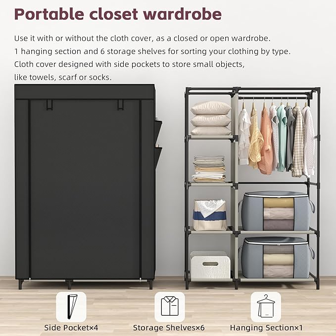 Calmootey Portable Closet, Wardrobe with 6 Shelves and Hanging Rod, Storage Organizer for Bedroom, Non-Woven Fabric Cover with 4 Side Pockets, Includes 2 Storage Bags for Clothes, Black
