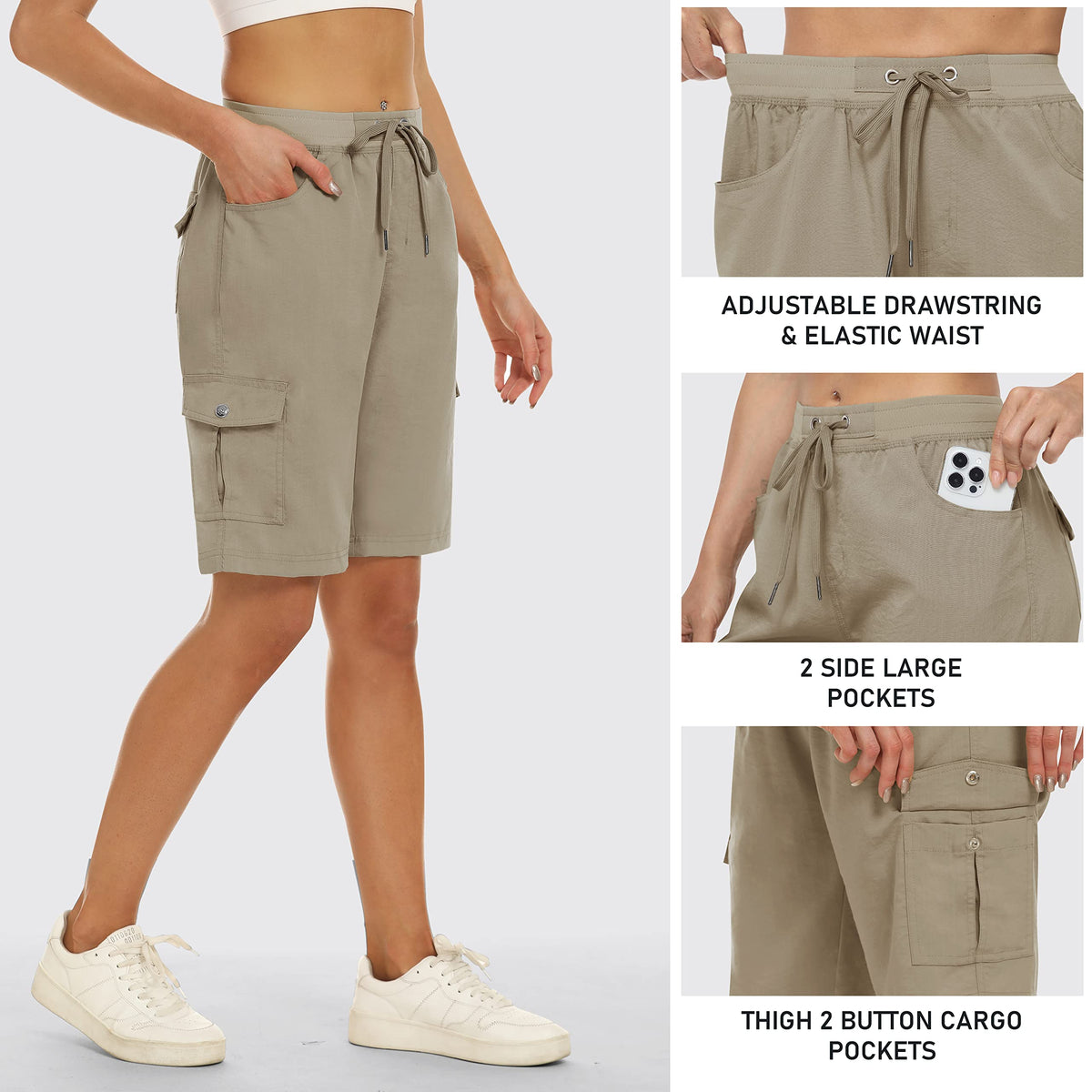 MoFiz Women's Hiking Long Shorts 10" Quick Dry Cargo Shorts for Women Lightweight Knee Length Athletic Shorts with Pockets Khaki M