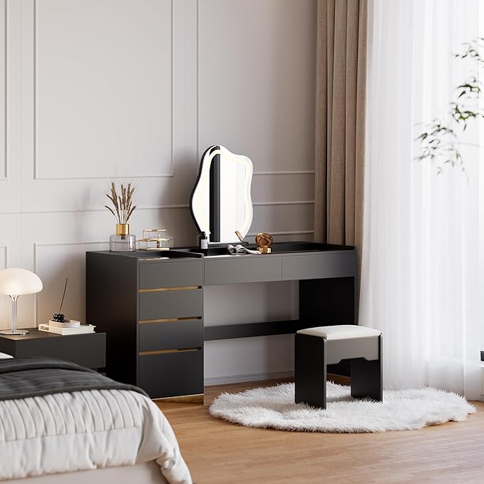 homary Vanity Desk with LED Mirror, Makeup Vanity with Power Outlet and Tempered Glass Top, Makeup Table with 6 Drawers, 3 Lighting Modes Vanity Table with Chair for Bedroom